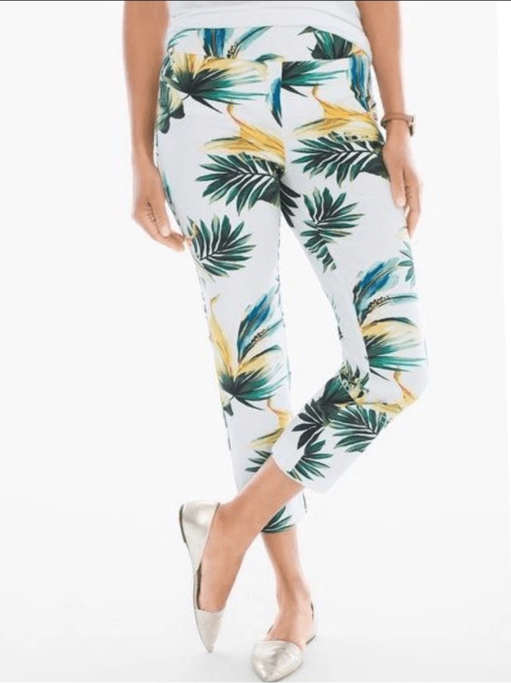 Chico's White Tropical Leaf Cropped Pants with Green & Yellow